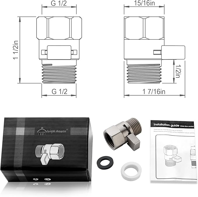 BRIGHT SHOWERS Water Flow Control Valve, Brass Shower Valve with Handle Lever, Flow Regulator Water-Saver Volume, Brushed Nickel