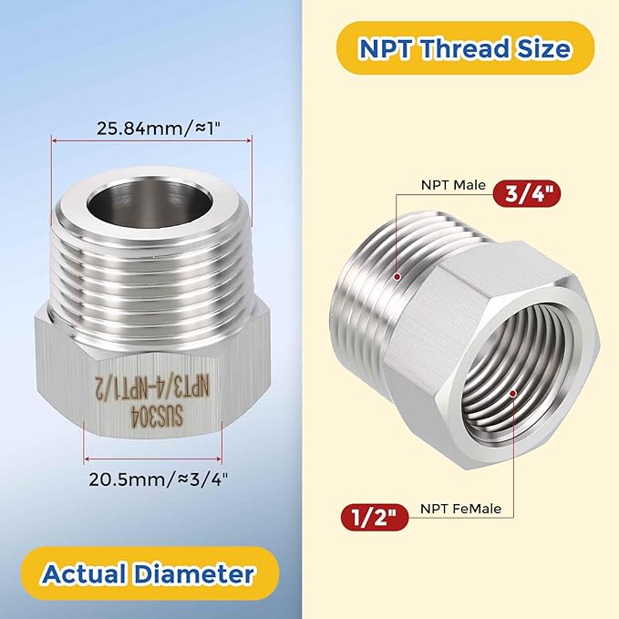 1 Pack 304 Stainless Steel Pipe Fittings, 3/4" Male NPT to 1/2" FeMale NPT Hex Bushing Reducer, Hose Tube Threaded Adapter for Air, Oil, LP