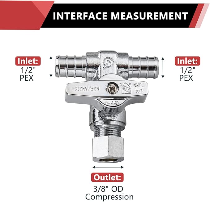 (Pack of 2) EFIELD 1/4-Turn Stop Tee Valve 1/2" Barb Crimp PEX x 1/2" Barb Crimp PEX x 3/8 Inch OD Compression Chrome,(VALVE130)