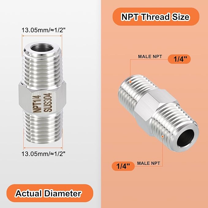 5 Pack 304 Stainless Steel Male to Male Adapter, 1/4" Male NPT x 1/4" Male NPT Hex Nipple Pipe Extension Fitting for Industrial, Automotive, Fluid Transfer, Home Gardening, Water