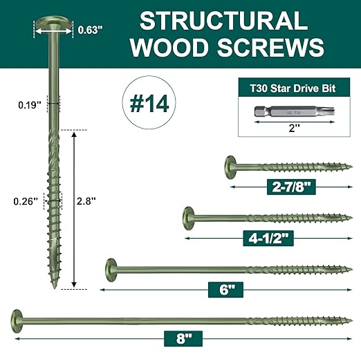 #14 Heavy-Duty Wood Screws, Star Drive Deck Screws, Rust Resistant Timber Screws for Timber/Log/Landscaping Wood (6 Inch,50Pcs,Green)