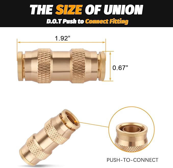1/2" Air Brake Line Fitting, (Half an inch) DOT Brass Push in Fitting, Push to Connect Union Fittings Air Brake Union 1/2" Tube OD for Trucks Trailers andIndustrial Use (4 Pack)