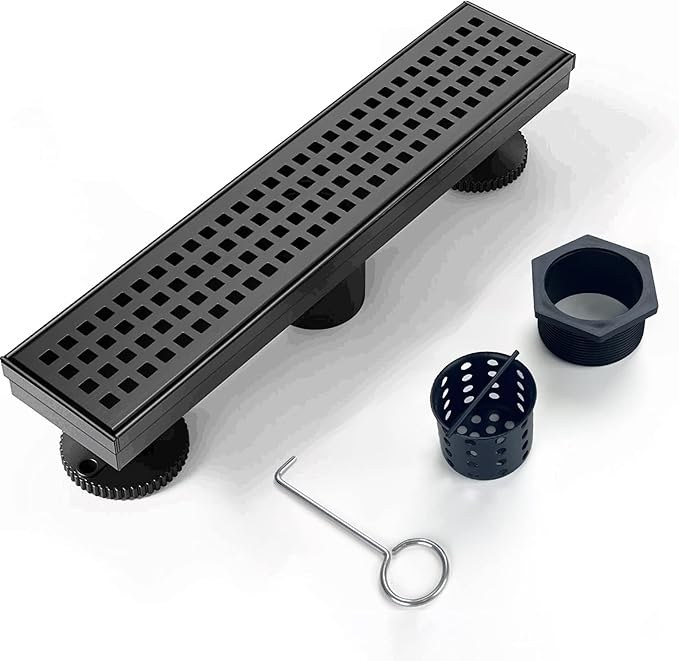 Linear Shower Drain, 12 inch Black Drain with Removable Grate Cover, Brushed 304 Stainless Steel Shower Floor Drain, Linear Drain with Hair Strainer and Adjustable Feet