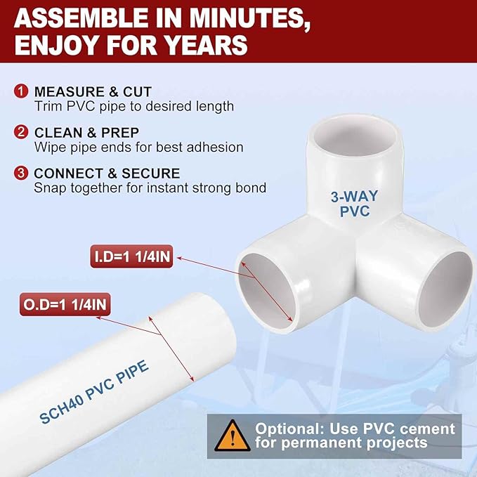 12Pcs 1 1/4" Elbow PVC Fitting, SCH40 3-Way Tee Furniture Grade PVC Pipe Fitting, DIY Corner Elbow Connector for Building Furniture, Greenhouse Frame Connection, Socket x Socket