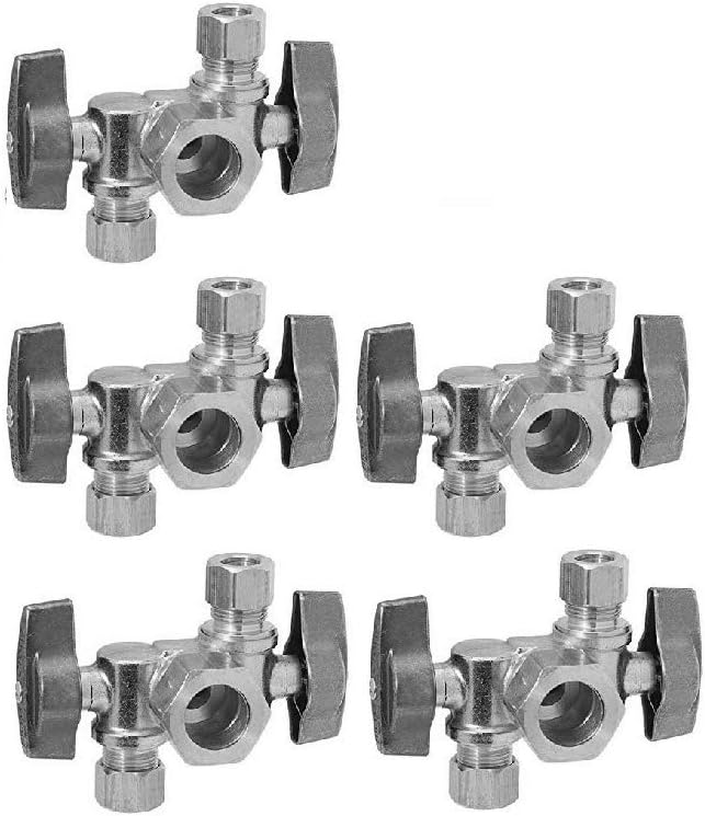 5/8" OD Comp X 3/8" Comp X 1/4" Comp Double Handles 1/4 Turn Angle Stop Water Shut off Valve Lead-Free (Pack 5)