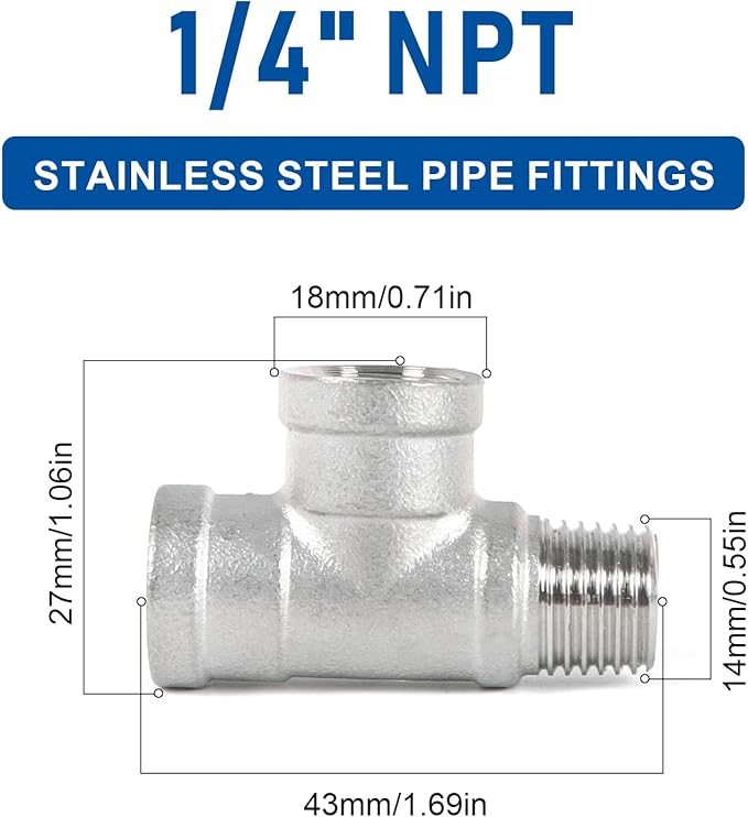 Kodilin Pipe Fittings 304 Stainless Steel Tee Pipe Fittings, Male Run Tee 1/4" NPT Female x 1/4" NPT Female x 1/4" NPT Male Thread Adapter - 4PCS