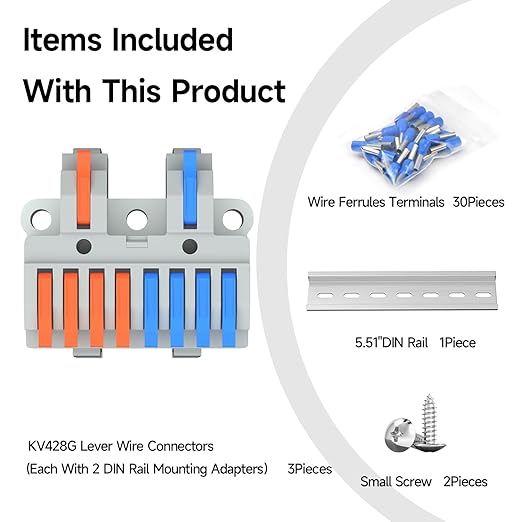 3Pcs Lever Wire Connectors, 2 in 8 Out, Push-in, 4-2.5 mm² Quick Wiring DIN Terminal Blocks, 30Pcs Wire Ferrules Terminals & 5.51 Inch DIN Rail Included