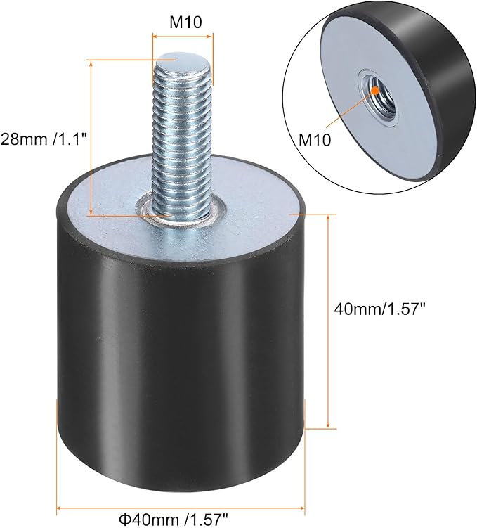 uxcell 8pcs M10x28mm Rubber Isolator Mounts with Studs 40x40mm Male Female Vibration Shock Absorber Zinc Plated Cylindrical Thread Mounts Anti Vibration Isolators with 8pcs M10 Lock Nuts