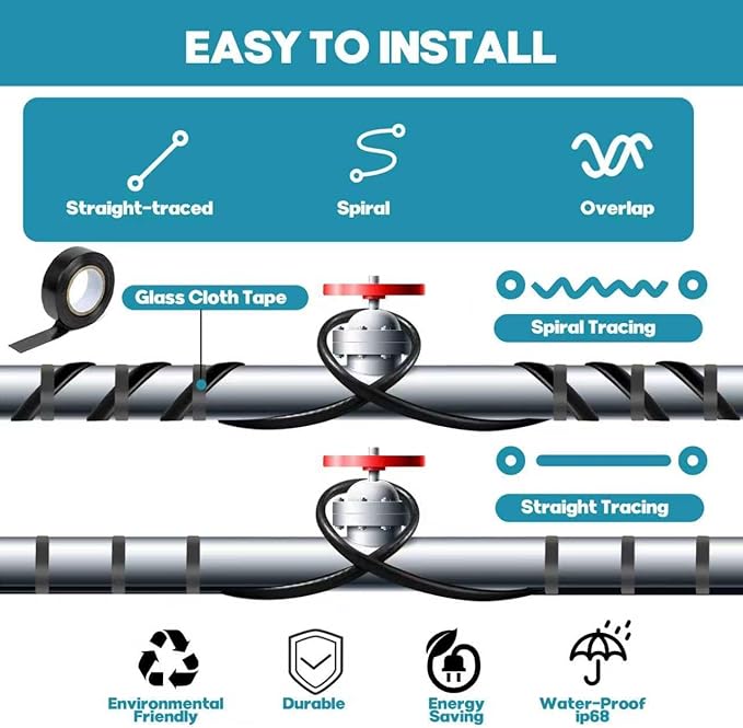 3FT-160FT Heat Tape for Water Pipes,Heating Cable for Pipe Freeze Protection,Water Pipe Insulation/Roof Snow De-Icing,Deicing Heating Cable,with Mounting Buckle (6FT)