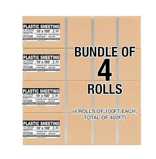 Aluf Plastics Black Plastic Sheeting - 4 Rolls of 10' x 100', 6 MIL Heavy Duty Gauge - Vapor and Moisture Barrier Sheet Tarp/Drop Cloth for Painting, Furniture Covers, Carpet Cover, Floor, Paint