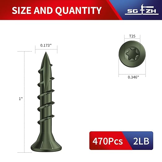 #8 x 1 Inch Deck Screws (470Pcs) 2lb. Carbon Steel, Green, Flat Head, Rust Resistant epoxy Coated, with T25 Star Bit