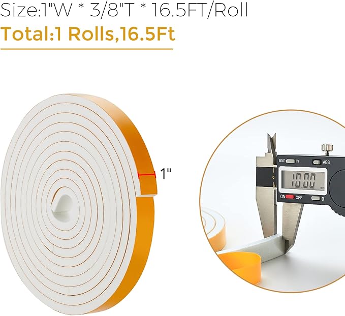 16.5 Feet Weather Stripping Door Seal, 1" Wide X 3/8" Thick Door Seal Strip High Density Foam Tape Adhesive Strip for Door Soundproofing,Window Insulation (1" x 3/8" x 16.5FT,White)