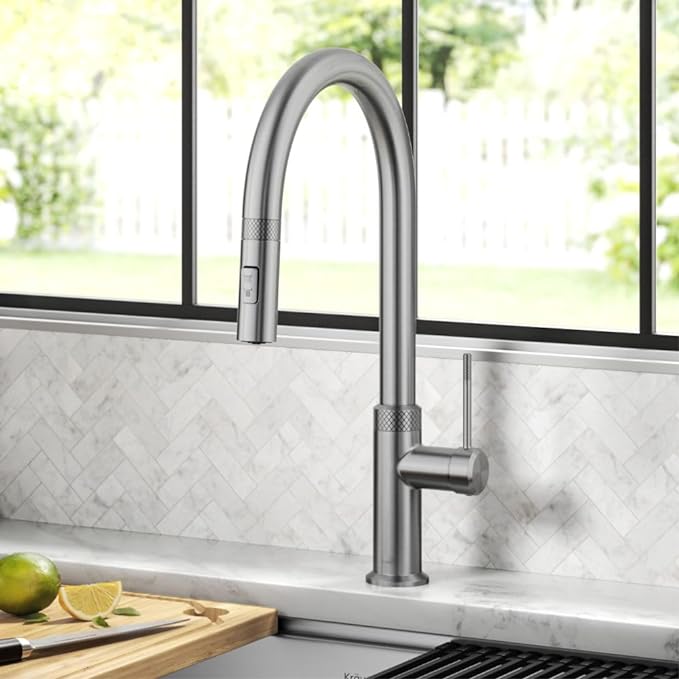 KRAUS Oletto Modern Industrial Pull-Down Single Handle Kitchen Faucet in Spot Free Stainless Steel, KPF-2654SFS
