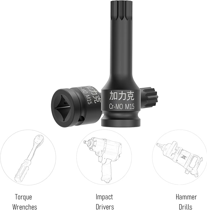 1/2-Inch Drive x M15(15mm） Impact XZN Triple Square Spline Bit Socket, Metric Lengthen Screwdriver Socket Adapter, 3-Inch Length, CR-MO Steel, One-Piece Construction, Black