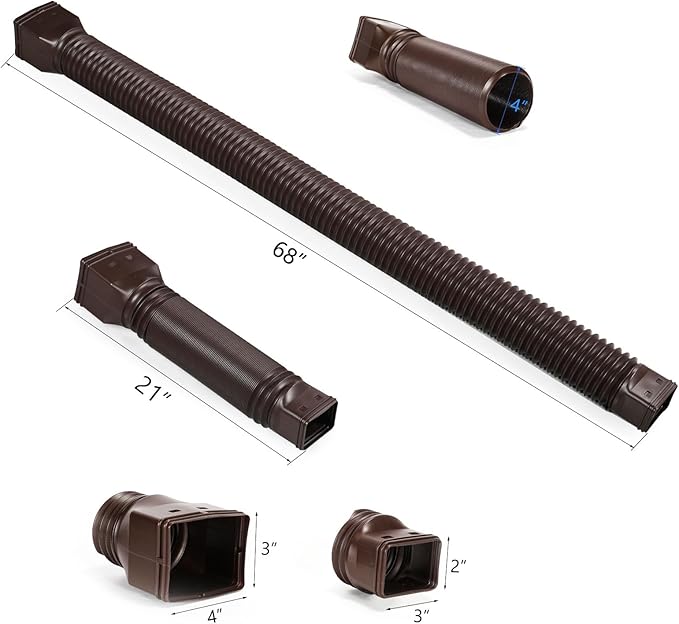4 Pack Rain Gutter Downspout Extensions Flexible, Drain Downspout Extender,Down Spout Drain Extender, Gutter Connector Rainwater Drainage,Extendable from 21 to 68 Inches(Brown)
