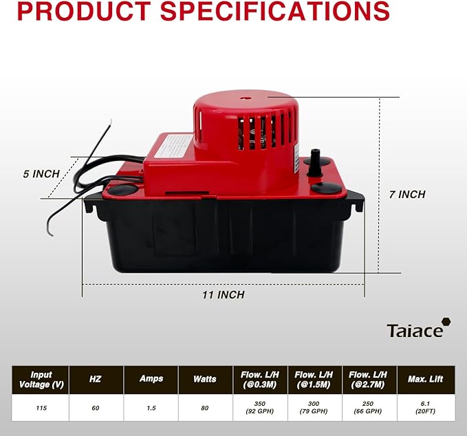 Professional Condensate Pump 115V/120V, 92GPH Flow & 20ft Lift, Auto Safety Switch for HVAC/AC/Dehumidifier/Furnace, Quiet with 20ft Tubing & 2 x Hose Clamp