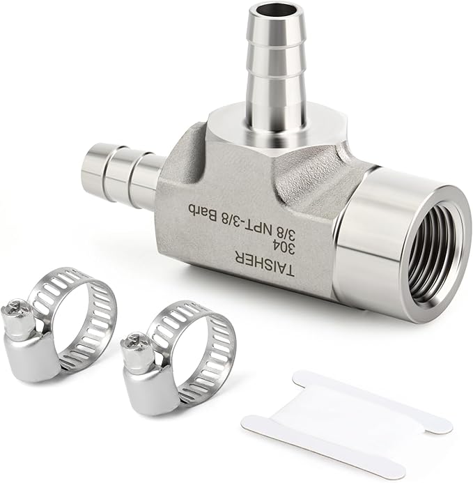 TAISHER 1PCS Forging of 304 Stainless Steel 3 Way Tee Hose Barb Fitting, 3/8" Hose Barb x 3/8" Hose Barb x 3/8" NPT Female for Fuel/Air/Lquid/Gas with 2PCS Hose Clamp