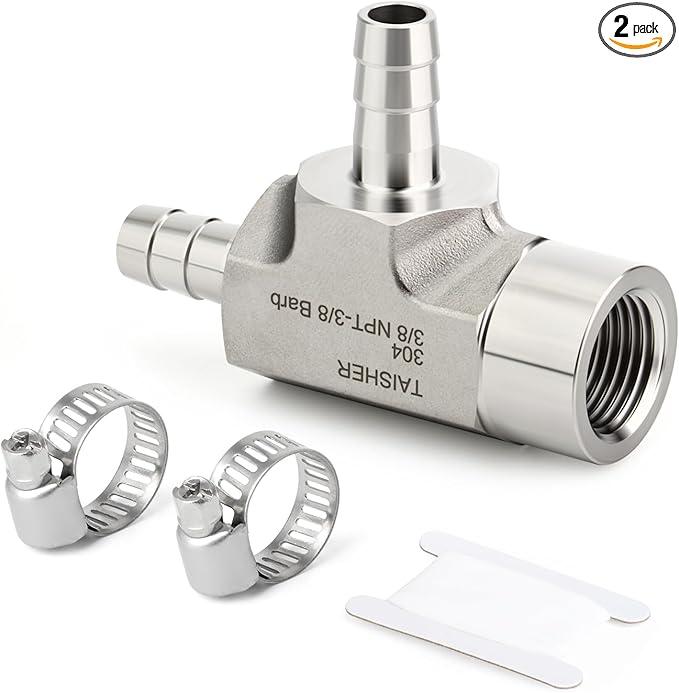 TAISHER 2PCS Forging of 304 Stainless Steel 3 Way Tee Hose Barb Fitting, 3/8" Hose Barb x 3/8" Hose Barb x 3/8" NPT Female for Fuel/Air/Lquid/Gas with 4PCS Hose Clamp
