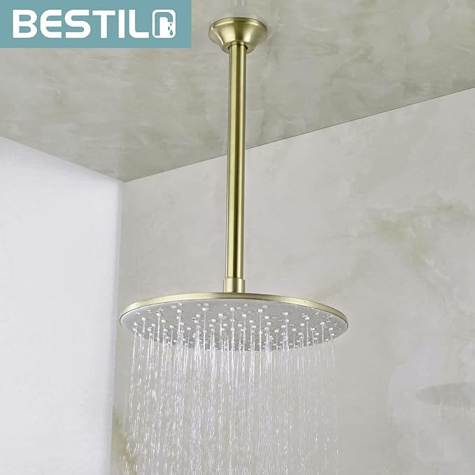 BESTILL 12 Inch Ceiling Mount Rain Shower Head Arm and Flange, Brushed Gold