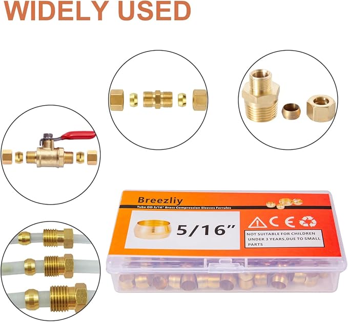 50PCS Tube O 5/16" Brass Compression Sleeves Ferrules,Brass Compression Fitting Assortment Kit (5/16" Tube OD)