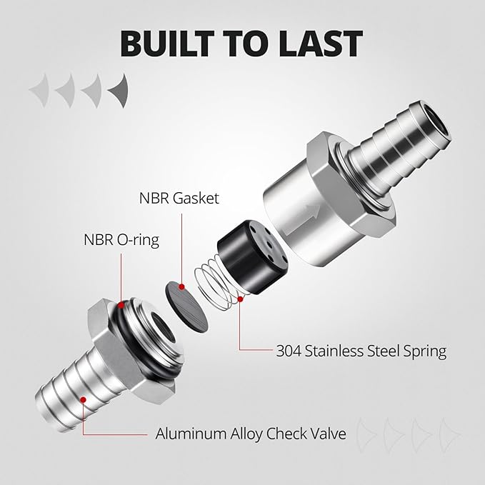 EVIL ENERGY 5/16'' (8mm) Check Valve, 3 Pcs Aluminum One Way Fuel Check Valve for Gasoline, Diesel & Coolant with Universal Hose Clamps, Silver