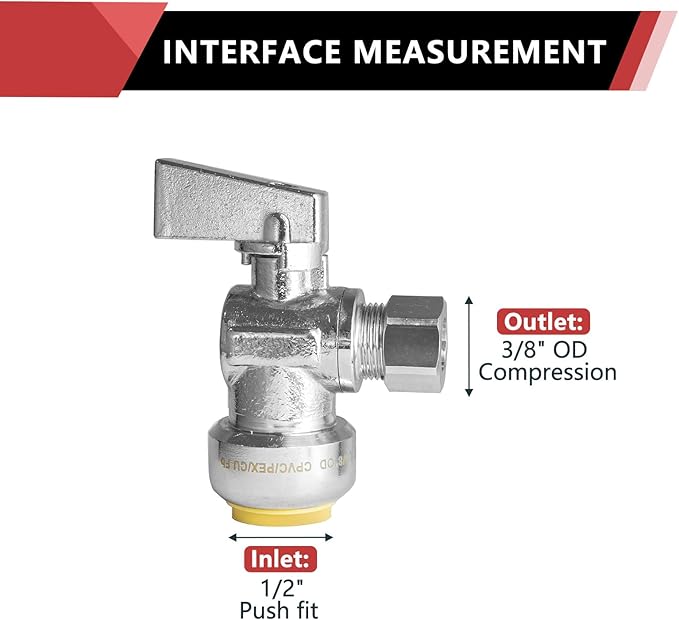 (Pack of 5) EFIELD Push Fit 1/4 Turn Angle Stop Valve Water Shut Off 1/2 Push x 3/8 Inch Compression, Chrome Plated,(PF-UNI004-5PCS)