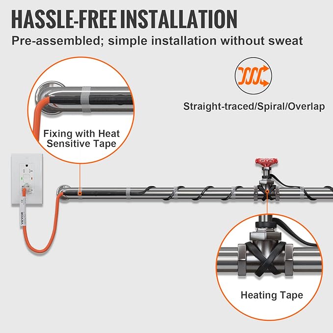 VEVOR Self-Regulating Pipe Heating Cable, 18-feet 5W/ft Heat Tape for Pipes Freeze Protection, Protects PVC Hose, Metal and Plastic Pipe from Freezing, 120V