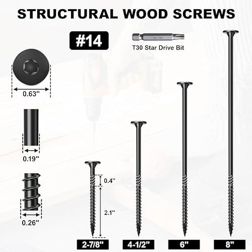 #14 Heavy-Duty Wood Screws, Star Drive Deck Screws, Rust Resistant Timber Screws for Timber/Log/Landscaping Wood (2-7/8 Inch,50Pcs,Black)