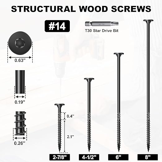 8 Inch Heavy-Duty Outdoor Wood Screws, 250Pcs Star Drive Deck Screws, Black Rust Resistant Timber Screws for Timber/Log/Landscaping Wood (#14 x 8 Black)