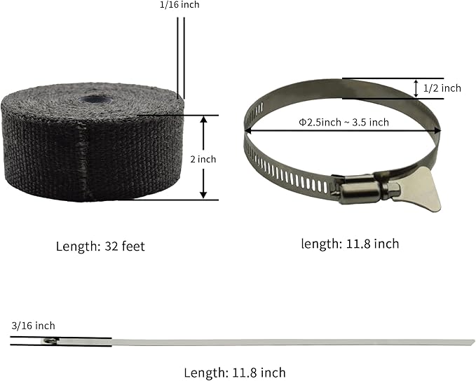 DOBTIM Fireproof Pipe Wrap Insulation 2" Wide X 32' Long, Fiberglass Heat Shield Tape Pipe Webbing for Stove Flue Protector with 2 Clamps, Black