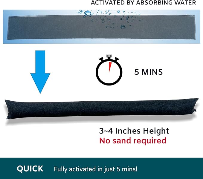4Pcs 5FT Water Activated Flood Barriers for Garage and Home Doors, Sandless Sandbag for Rain Water Control, Easy to Use (5ft, 4Pack)