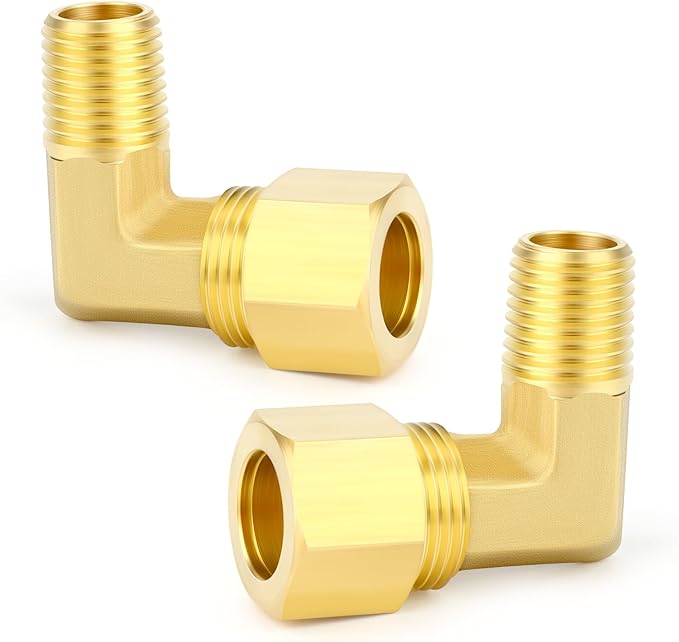 GASHER 5PCS Brass 90 Degree Elbow Compression Tube Pipe Fitting Connector, 3/8" Tube OD x 1/8" NPT Male Connector