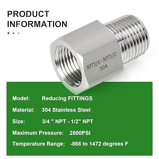 TAISHER 5PCS Forging of 304 Stainless Steel Fitting, Reducer Adapter, 1/2-Inch Male Pipe x 3/4-Inch Female Pipe