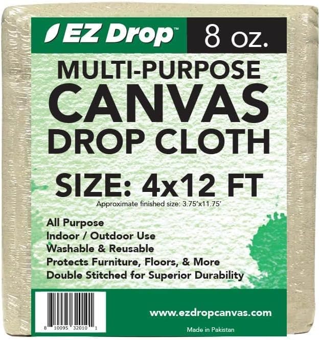 All Purpose Canvas Drop Cloth by EZ Drop - Cotton Duck Dropcloth Tarp for Painting, Construction Debris, Floor & Furniture Protection, Heavy Duty Cover Against Paint, Dust, Dirt (4 ft. x 12 ft.)