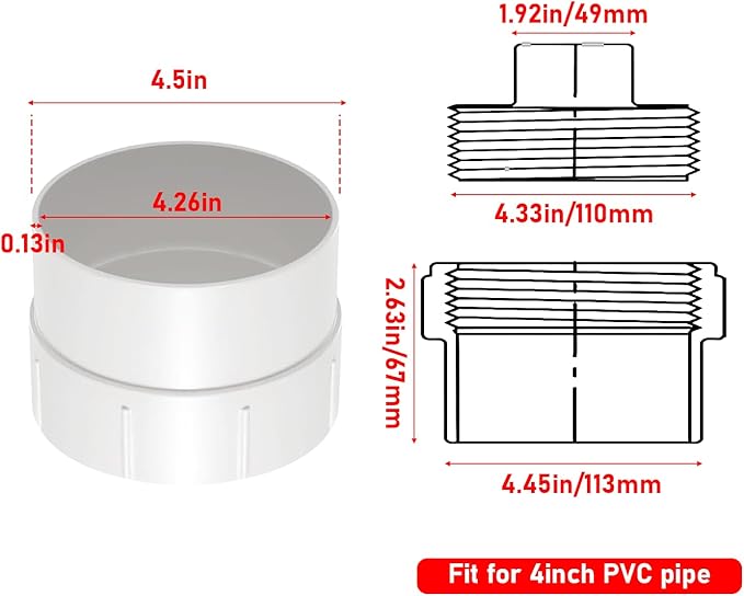 KIBBEH 4" PVC Sewer Cleanout Adapter with Plug Pipe Fitting, PVC DWV Flush Sewer Cleanout Cap, For Use With 4-Inch Sewer and Drain Pipe