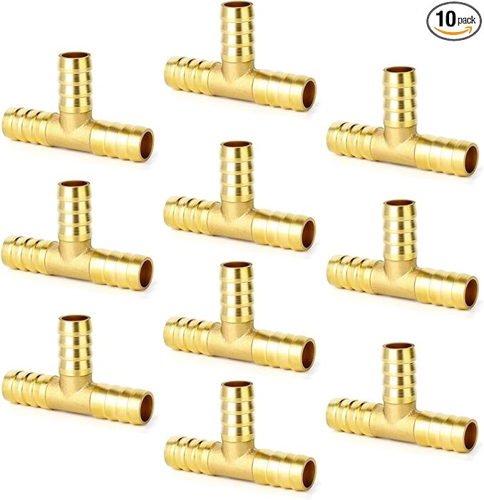 GASHER 10 Pieces Brass Hose Barb Tee, 3-Way Tee Hose Fitting (3/8" x 3/8" x 3/8" Hose Barb)