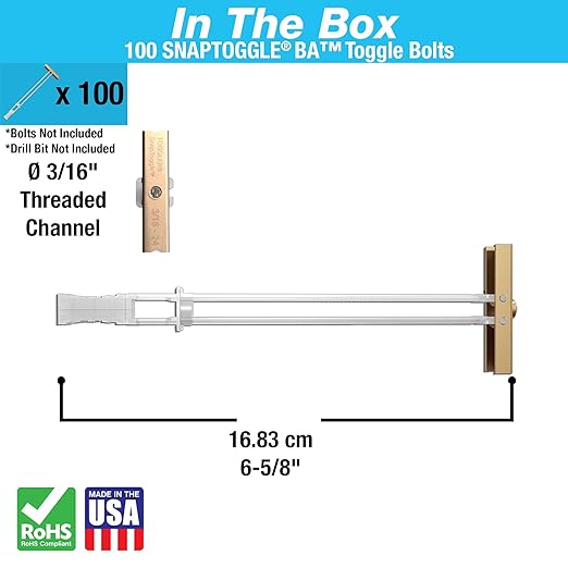 TOGGLER SNAPTOGGLE Heavy-Duty Drywall Toggle Bolt – 3/16"-24 UNC Zinc-Plated Anchor for Hollow Walls, Plaster & Tile – Holds 238 lbs in 1/2" Drywall, Easy Install – 100 Pack (W/O Bolts)