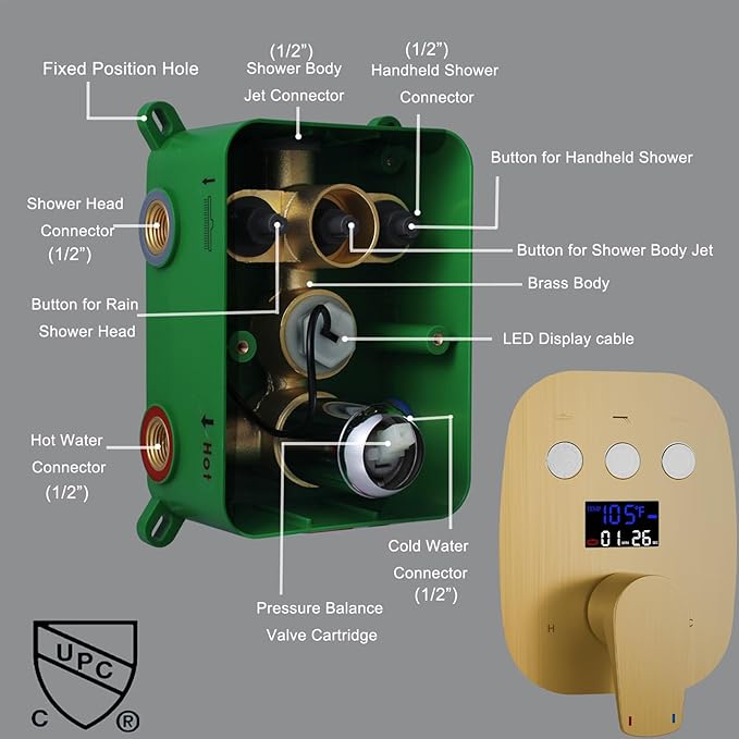 3 Way Shower Diverter Valve Push-Button Temperature Display Modern Bathroom Concealed Faucet Valve Rough-In Mixing Shower Valve Kit Replacement Can Work At The Same Time, Brushed Gold