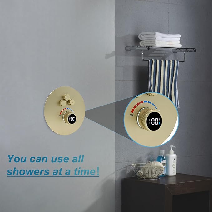 Round Digital Display Shower Valve 3 Way Shower Mixing Valve Concealed Installation Can Use All the Time Brushed Gold