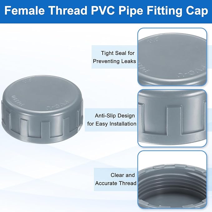 uxcell 5Pcs 1-1/2 Inch PT Female Thread PVC Pipe Fitting Cap, Cleanout Water Drain End Caps, Pipe Plug Socket Fittings with Tape for Water Heater Supply Lines, Plumbing, Gray