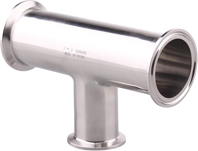 DERNORD Reducing Clamp Tee 3 Way Stainless Steel 304 Sanitary Fitting (2 inch x 2 inch x 1.5 inch)