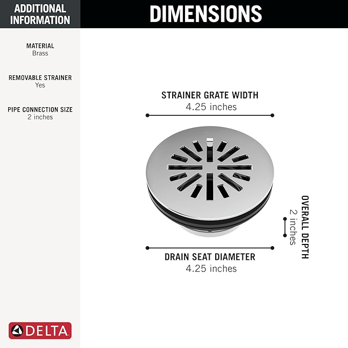 Delta 4 Inch Round Shower Floor Drain with Gasket and Snap-In Drain Gate, Chrome DT051411