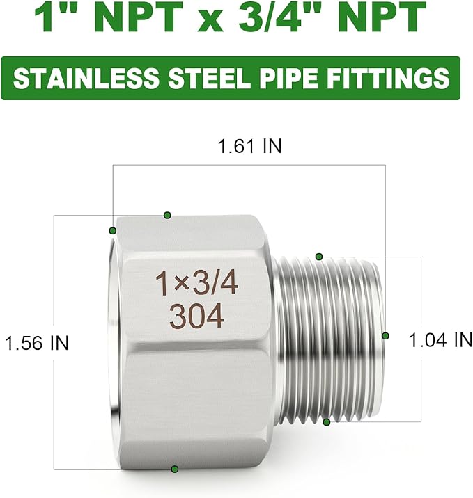 TAISHER 5PCS 304 Stainless Steel Pipe Fitting, New Reducer Adapter, 3/4" NPT Male x 1" NPT Female, Reducing Pipe Adapter Fitting