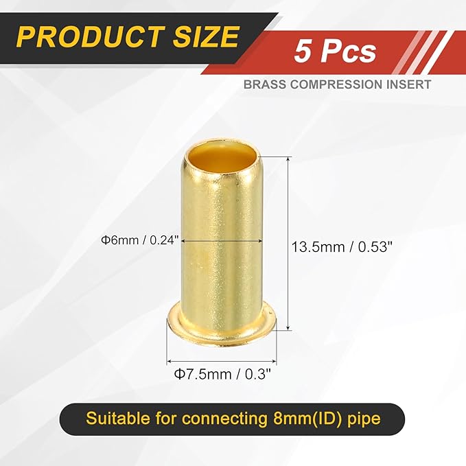 uxcell 5Pcs Fit for 6mm(1/4") Tube ID Brass Compression Fitting, Insert Tube Support Compression Sleeve Fitting, Sleeve Ferrules for Water Oil Air Pipe