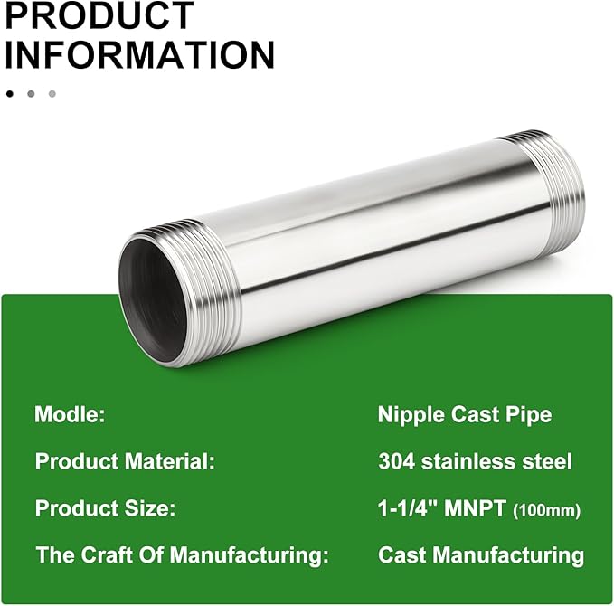 TAISHER 2PCS Stainless Steel Pipe Fittings, 1-1-1/4" NPT Male x 1-1-1/4" NPT Male Threaded, 4" Length Nipple Cast Pipe