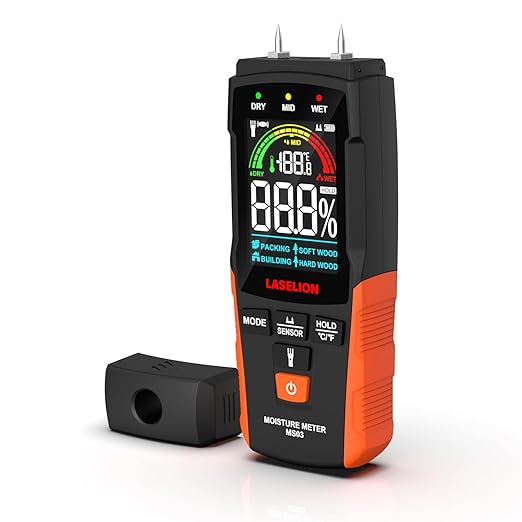 2-in-1 Pin & Pinless Moisture Meter MS03 – Accurate Moisture Detection for Wood, Concrete, Drywall, and More – LCD Display with Hold Function, Flashlight, and Auto Power Off