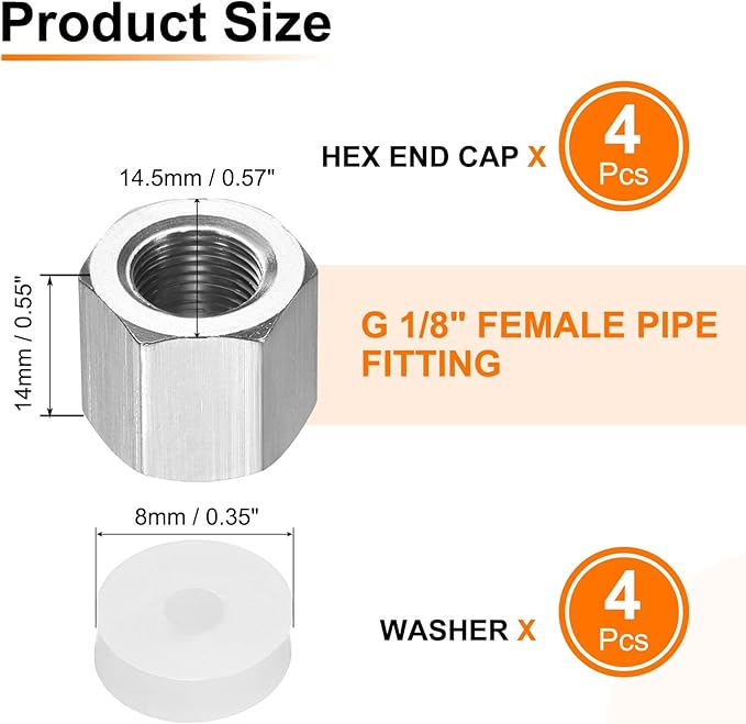 uxcell 2pcs Hex End Cap 304 Stainless Steel Nut with Washer, G1/8" Female Thread Pipe Fitting, Gas Line Water Line Stop Valve Cap Tubing Ends for Plumbing Fittings, Silver Tone