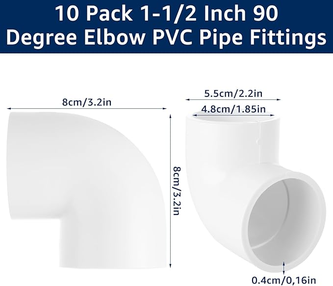 10 PCS 1-1/2" 90 Degree Elbow PVC Pipe Fittings, 2 Way Right Angle PVC Pipe Adapter Fittings, Furniture Build Grade SCH40, 1 1/2 Pipe Fittings Connectors for DIY Shelf Garden Support Structure