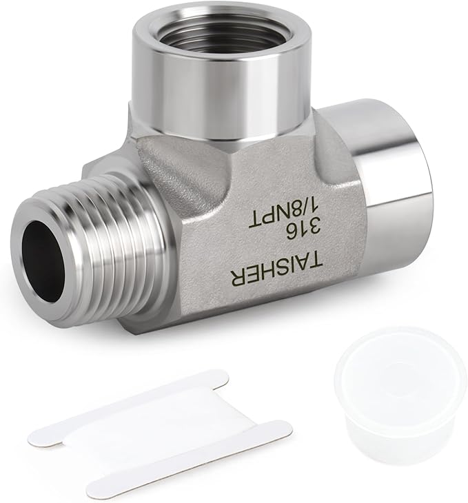 TAISHER 1PCS Forging of 316L Stainless Steel Tee Pipe Fittings, 1/8" NPT Female x 1/8" NPT Female x 1/8" NPT Male Pipe Fittings, Male Run Tee