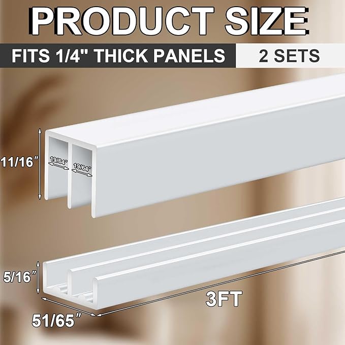 Landical 2 Set 3ft Aluminum Sliding Door Track Set for 1/4" Thick Panels Closet Glass Doors Cabinet Window Aluminum Alloy Metal Sliding Track(White)